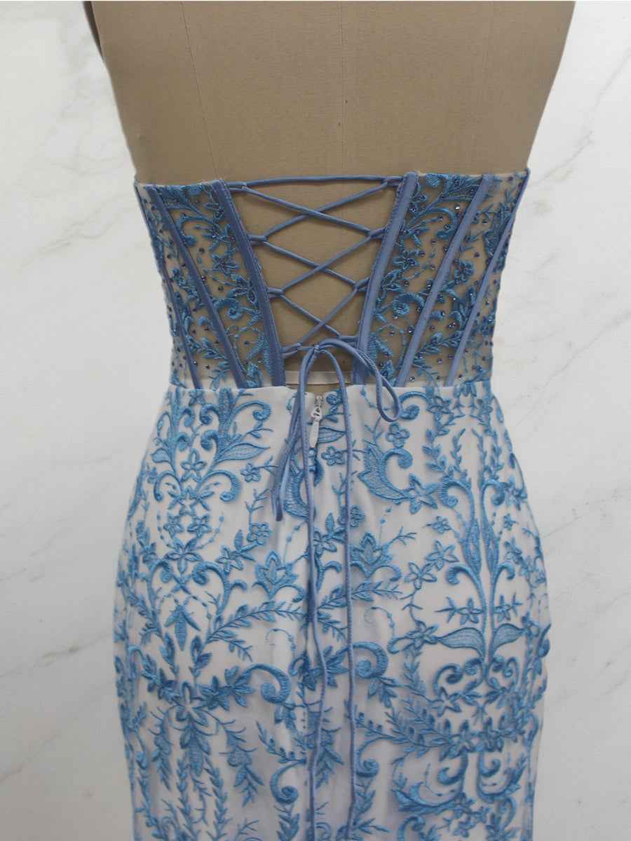 Blue Floral Strapless Pearl Beaded Ruched Long Corset Prom Dress