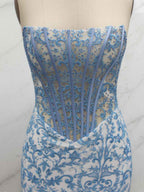 Blue Floral Strapless Pearl Beaded Ruched Long Corset Prom Dress