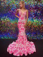 Blue V Neck Sequin Lace Mermaid Long Prom Dress