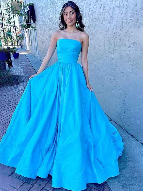 Blue A-Line Satin Strapless Pleated Scoop Neck Long Prom Dress BMBRIDE