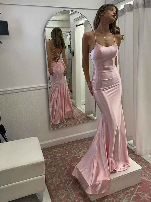 Pink Mermaid Sweetheart Spaghetti Strap Long Prom Dress BMBRIDE