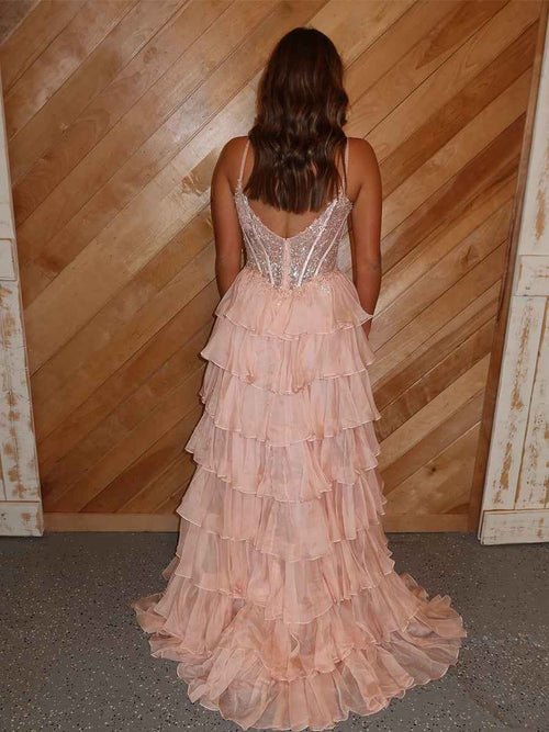 Blush Pink A Line Beaded Corset Tiered Ruffle Prom Dress BMBRIDE