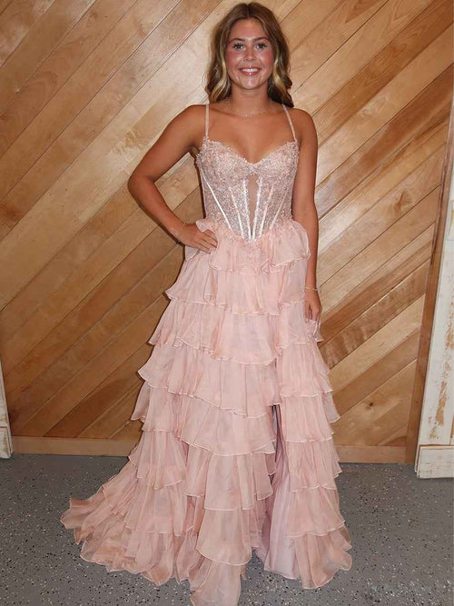 Blush Pink A Line Beaded Corset Tiered Ruffle Prom Dress BMBRIDE