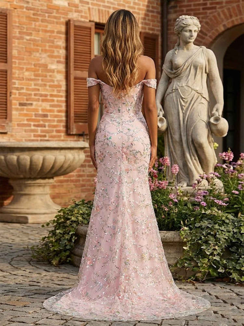 Blush Pink Floral Embroidered Off-the-Shoulder Long Prom Dress BMBRIDE