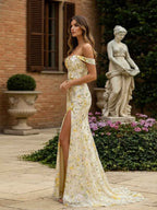 Blush Pink Floral Embroidered Off-the-Shoulder Long Prom Dress