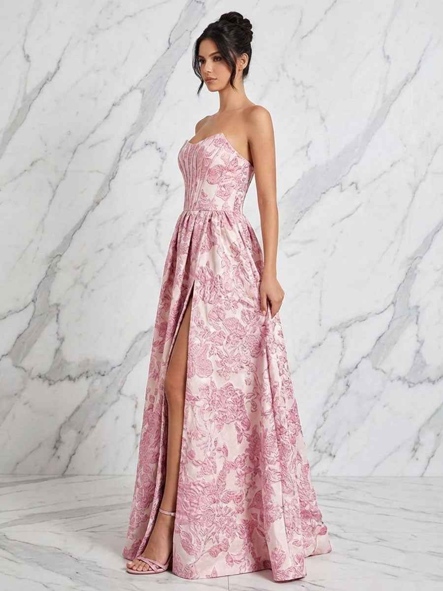 Blush Pink Jacquard Strapless Corset Bodice Long Prom Dress with High Slit