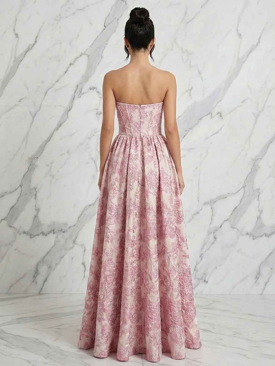 Blush Pink Jacquard Strapless Corset Bodice Long Prom Dress with High Slit