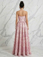 Blush Pink Jacquard Strapless Corset Bodice Long Prom Dress with High Slit