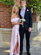 Blush Pink Off-the-Shoulder Crepe Prom Dress with Ruffled High Slit