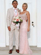 Blush Pink Square Neck Sequin Prom Dress with Satin Bow Belt
