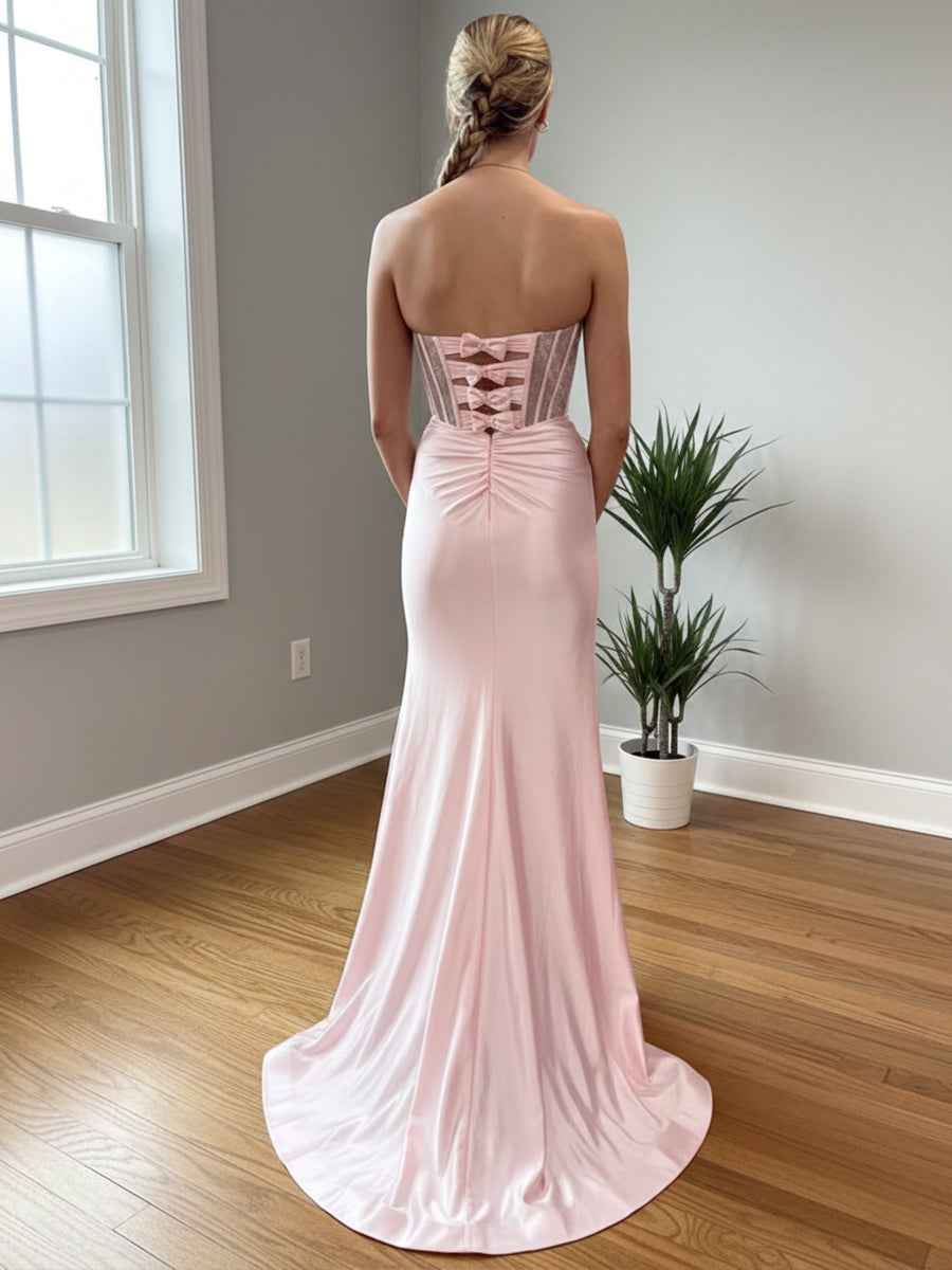Blush Pink Strapless Corset Prom Dress with Thigh-High Slit