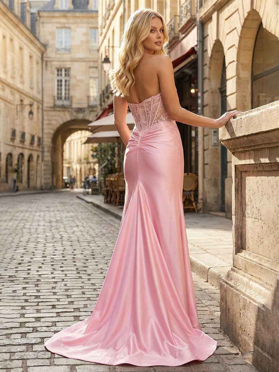 Blush Pink Strapless Lace Appliqu¡§| Corset Satin Prom Dress