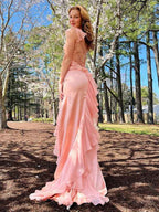Blush Mermaid Spaghetti Straps Chiffon Long Prom Dress with Ruffles