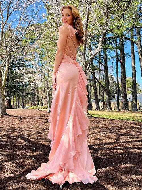 Blush Mermaid Spaghetti Straps Chiffon Long Prom Dress with Ruffles BMBRIDE