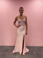 Blush Pink Strapless Corset Prom Dress with Thigh-High Slit