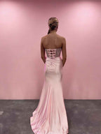 Blush Pink Strapless Corset Prom Dress with Thigh-High Slit