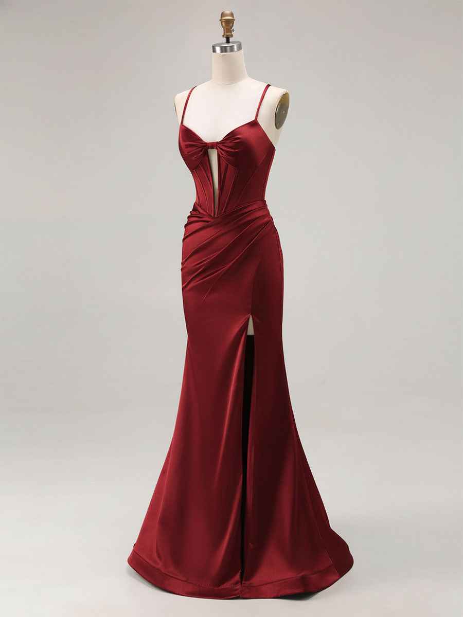 Pink Mermaid Cut-Out Satin Long Prom Dress with Slit