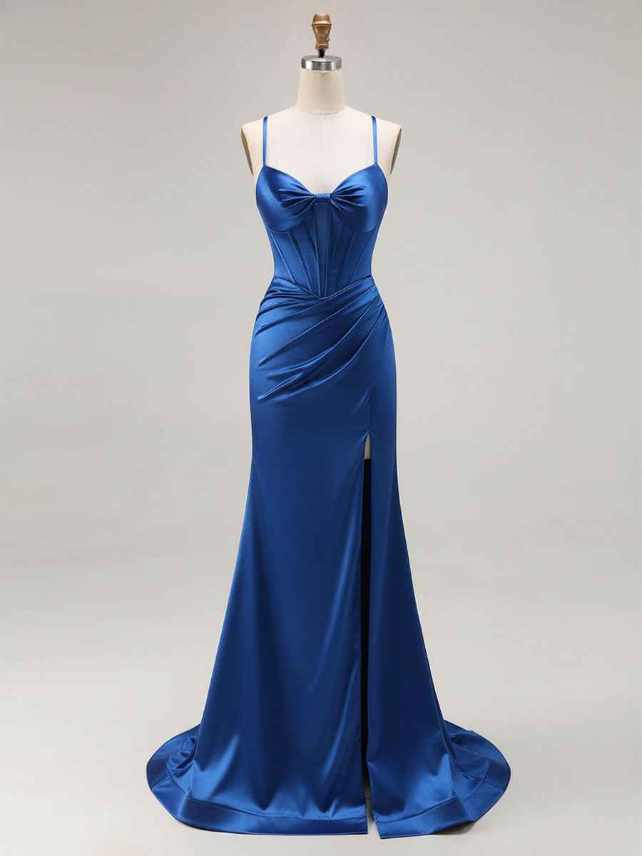 Pink Mermaid Cut-Out Satin Long Prom Dress with Slit
