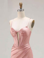Pink Mermaid Cut-Out Satin Long Prom Dress with Slit