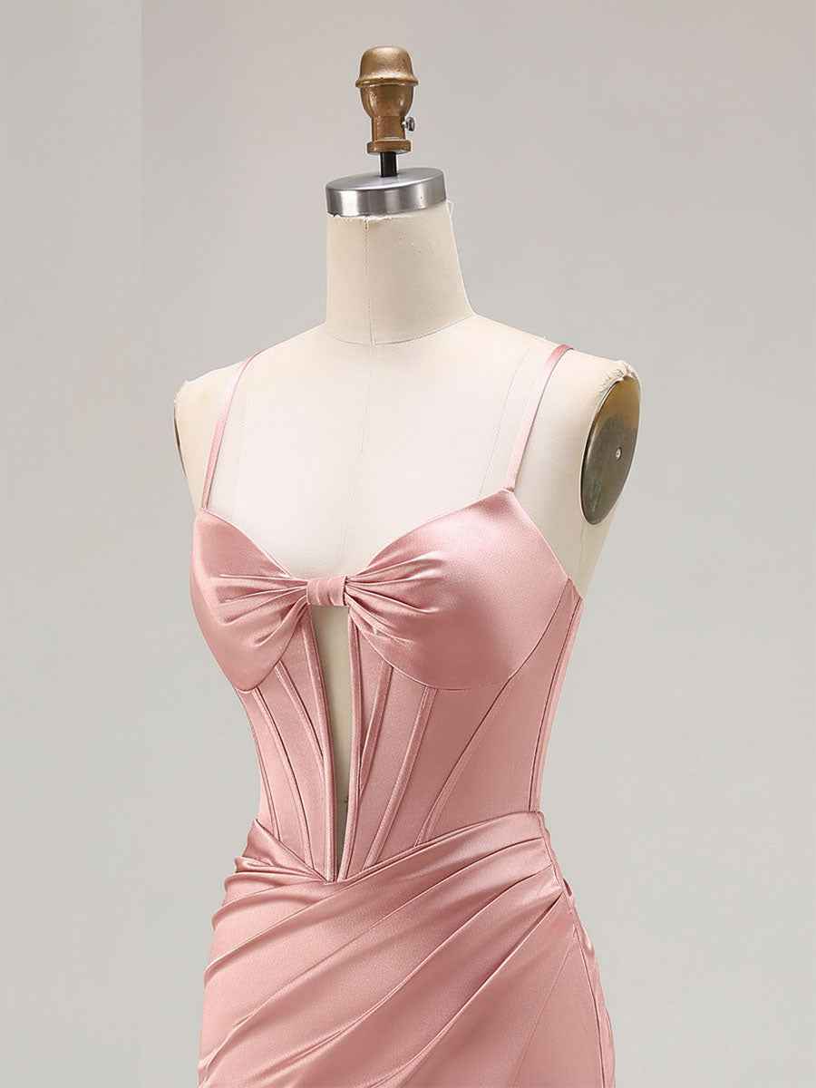 Pink Mermaid Cut-Out Satin Long Prom Dress with Slit
