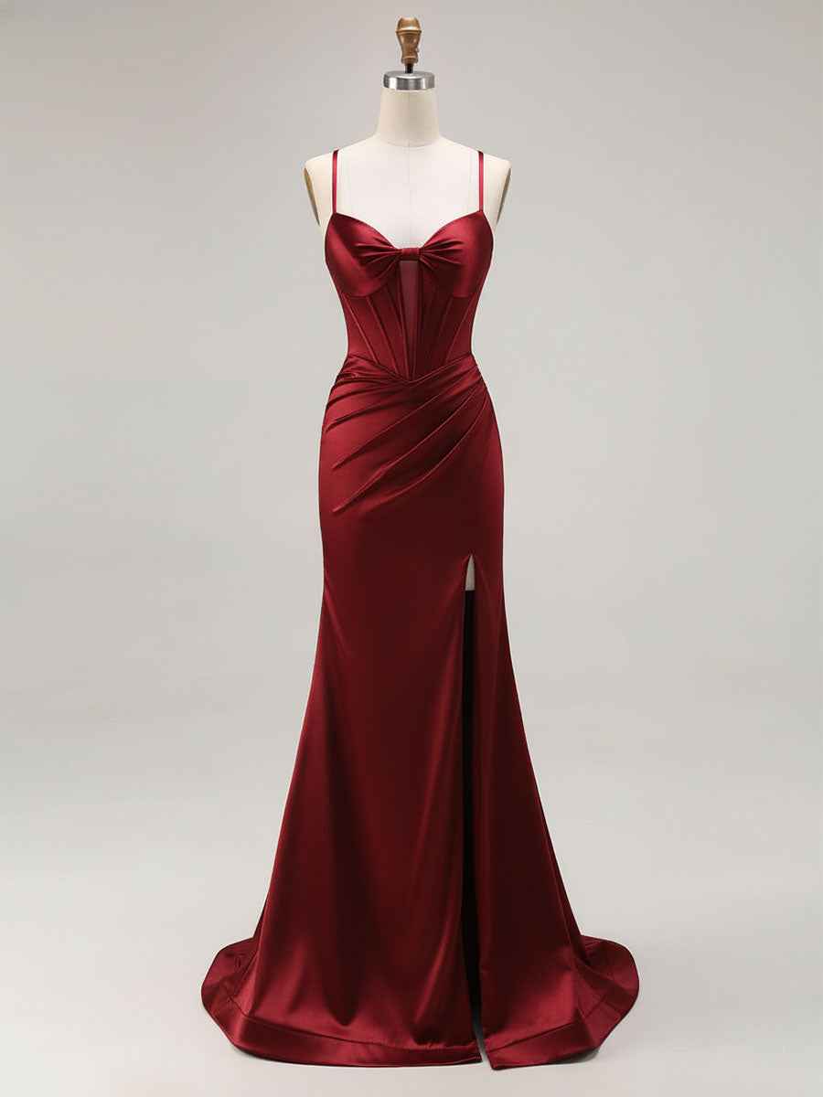 Pink Mermaid Cut-Out Satin Long Prom Dress with Slit