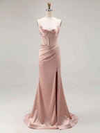 Pink Mermaid Cut-Out Satin Long Prom Dress with Slit