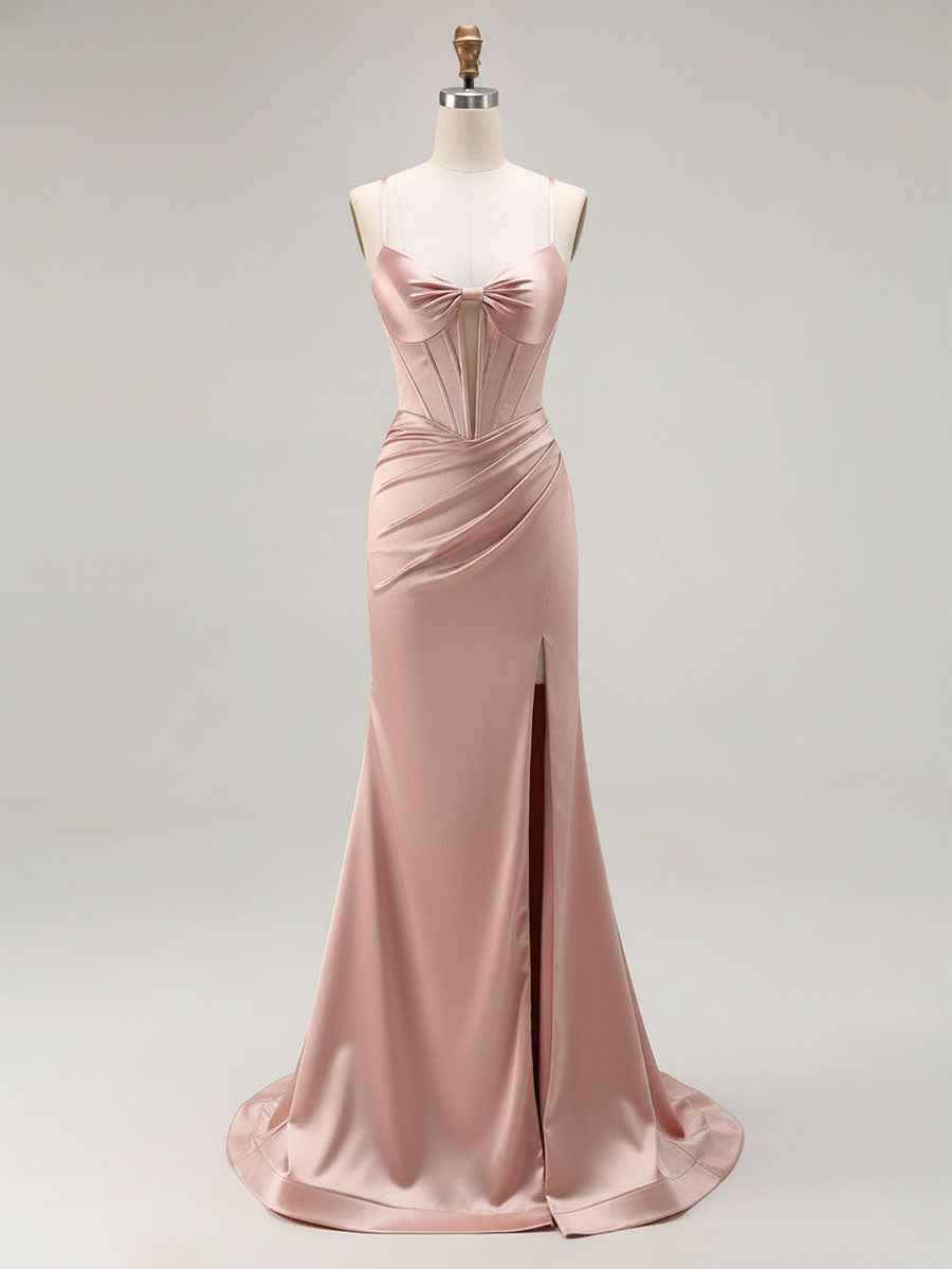 Pink Mermaid Cut-Out Satin Long Prom Dress with Slit