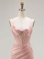 Pink Mermaid Cut-Out Satin Long Prom Dress with Slit