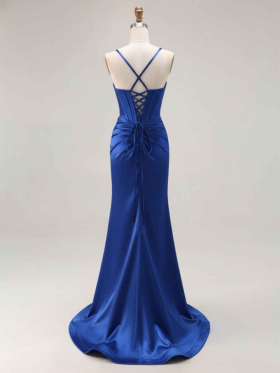 Pink Mermaid Cut-Out Satin Long Prom Dress with Slit