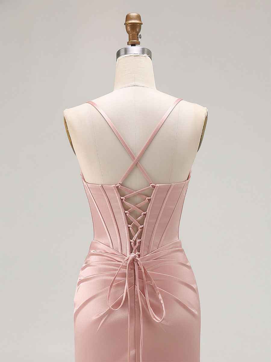 Pink Mermaid Cut-Out Satin Long Prom Dress with Slit