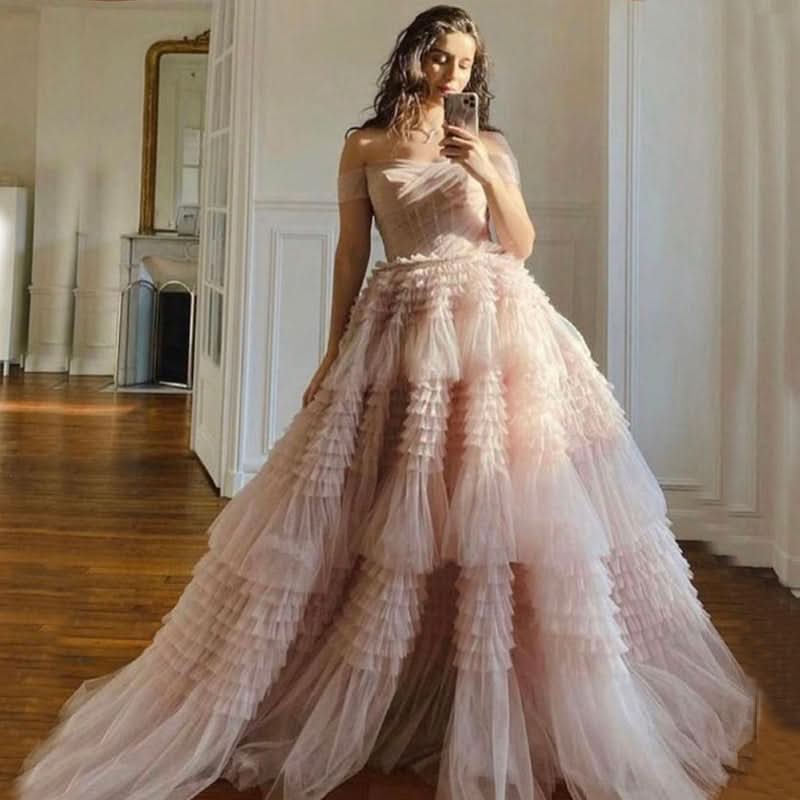 Enchanting Blush Princess A-Line Off Shoulder Ruffled Tulle Prom Dress BM bride