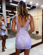 Deep V-Neck Bodycon Homecoming Dress with Applique BM bride