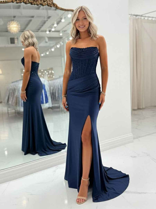 Bodycon Scoop Neck Satin Long Prom Dress with Slit BMBRIDE