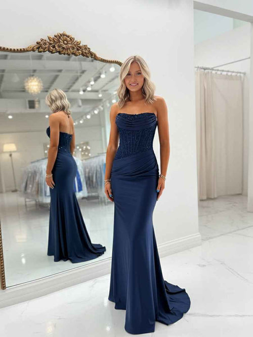 Bodycon Scoop Neck Satin Long Prom Dress with Appliqeus BMBRIDE