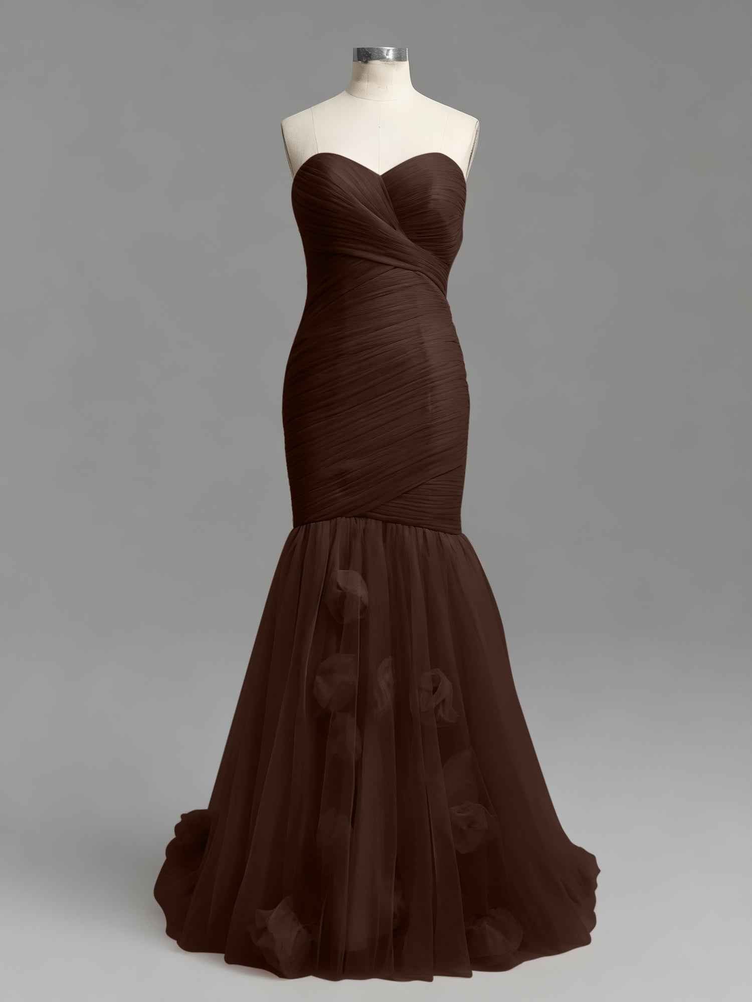 Dusty Rose Mermaid Strapless Ruched Tulle Prom Dress with 3D Floral