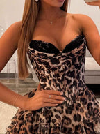 Brown Leopard Print Tiered Ruffle Long Prom Dress