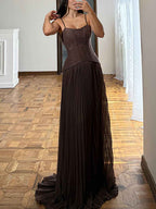 Brown Sweetheart A Line Lace Corset Pleated Prom Dress