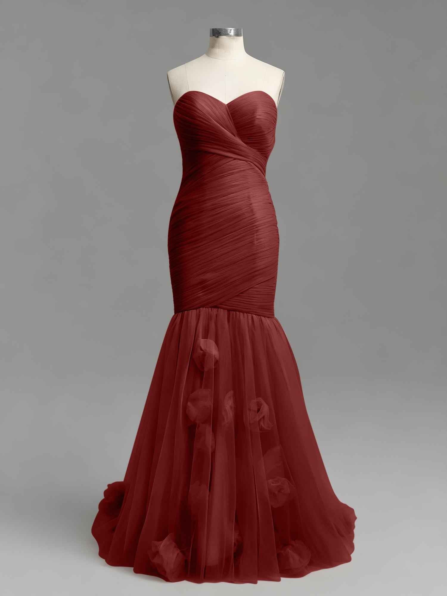 Dusty Rose Mermaid Strapless Ruched Tulle Prom Dress with 3D Floral