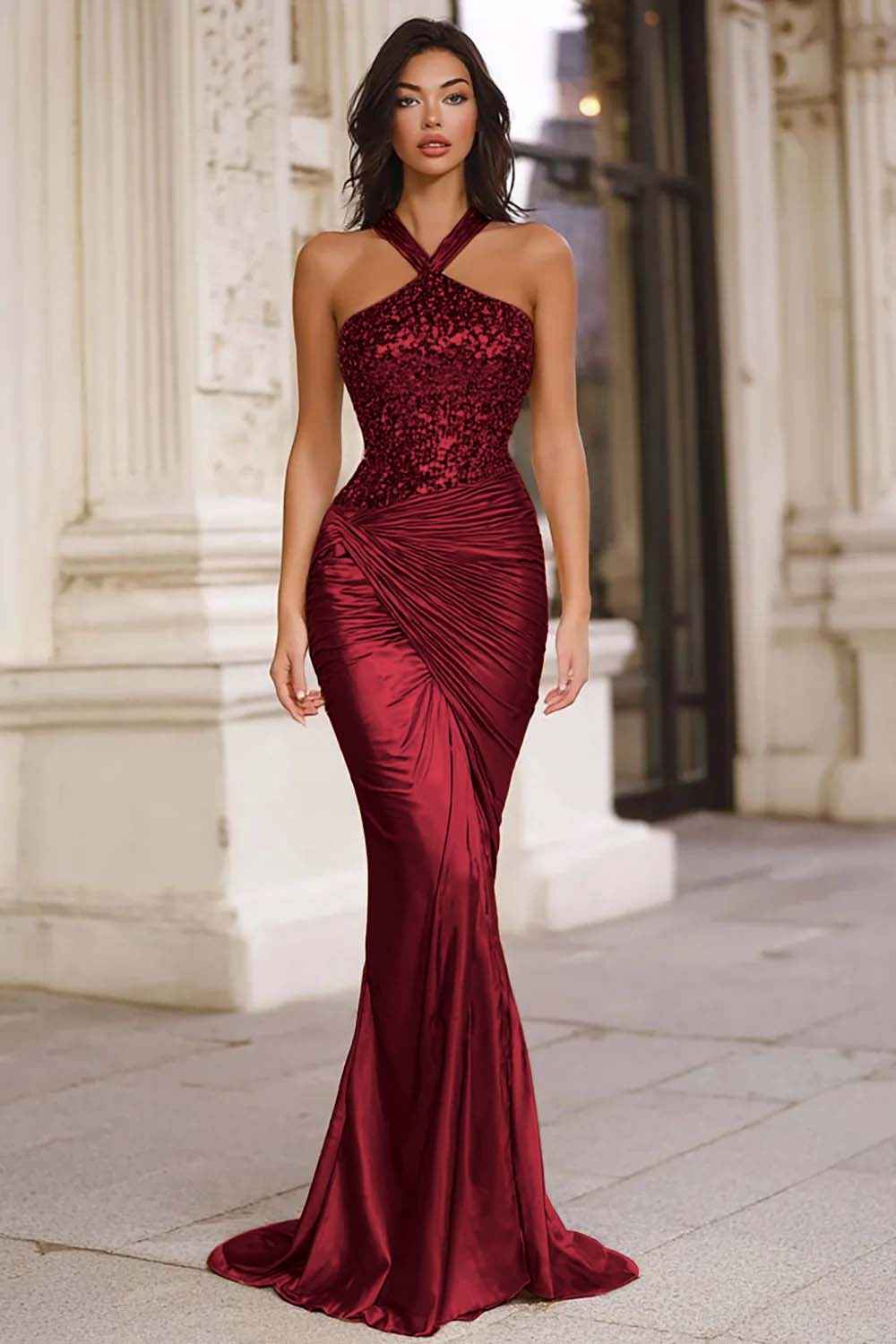 Sparkly Gold Mermaid Halter Ruched Long Prom Dress with Sequins