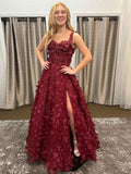 Burgundy 3D Floral Appliqu¡§| Corset Prom Dress with Slit