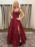 Burgundy 3D Floral Appliqu¡§| Corset Prom Dress with Slit
