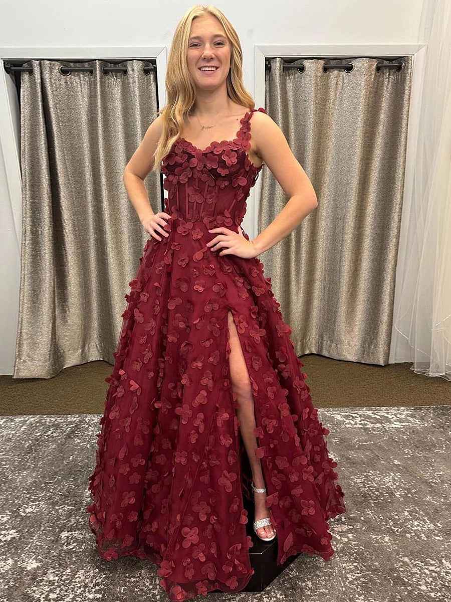 Burgundy 3D Floral Appliqu¡§| Corset Prom Dress with Slit