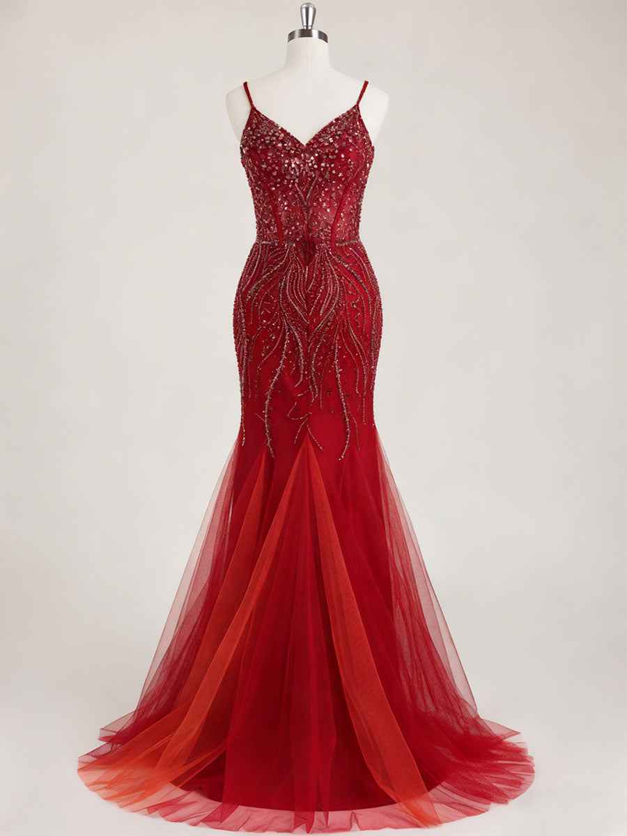 Burgundy Beaded Mermaid Tulle Prom Dress with Sheer Corset