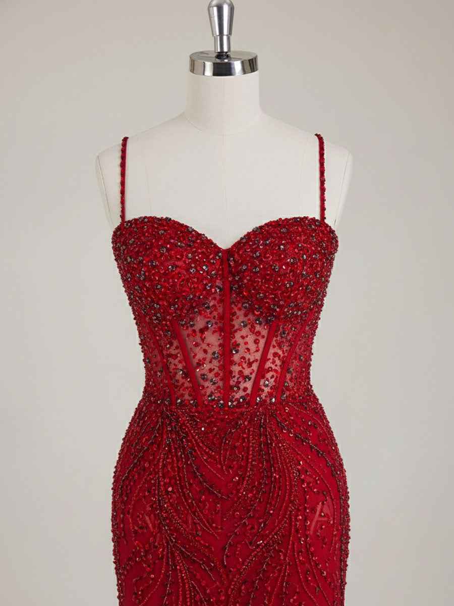 Burgundy Beaded Mermaid Tulle Prom Dress with Sheer Corset