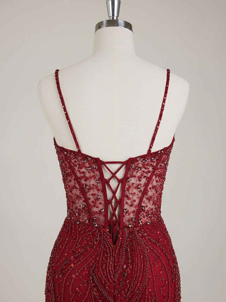 Burgundy Beaded Mermaid Tulle Prom Dress with Sheer Corset