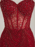 Burgundy Beaded Mermaid Tulle Prom Dress with Sheer Corset