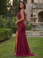 Burgundy One-Shoulder Satin Prom Dress with Beaded Illusion Bodice and Thigh-High Slit