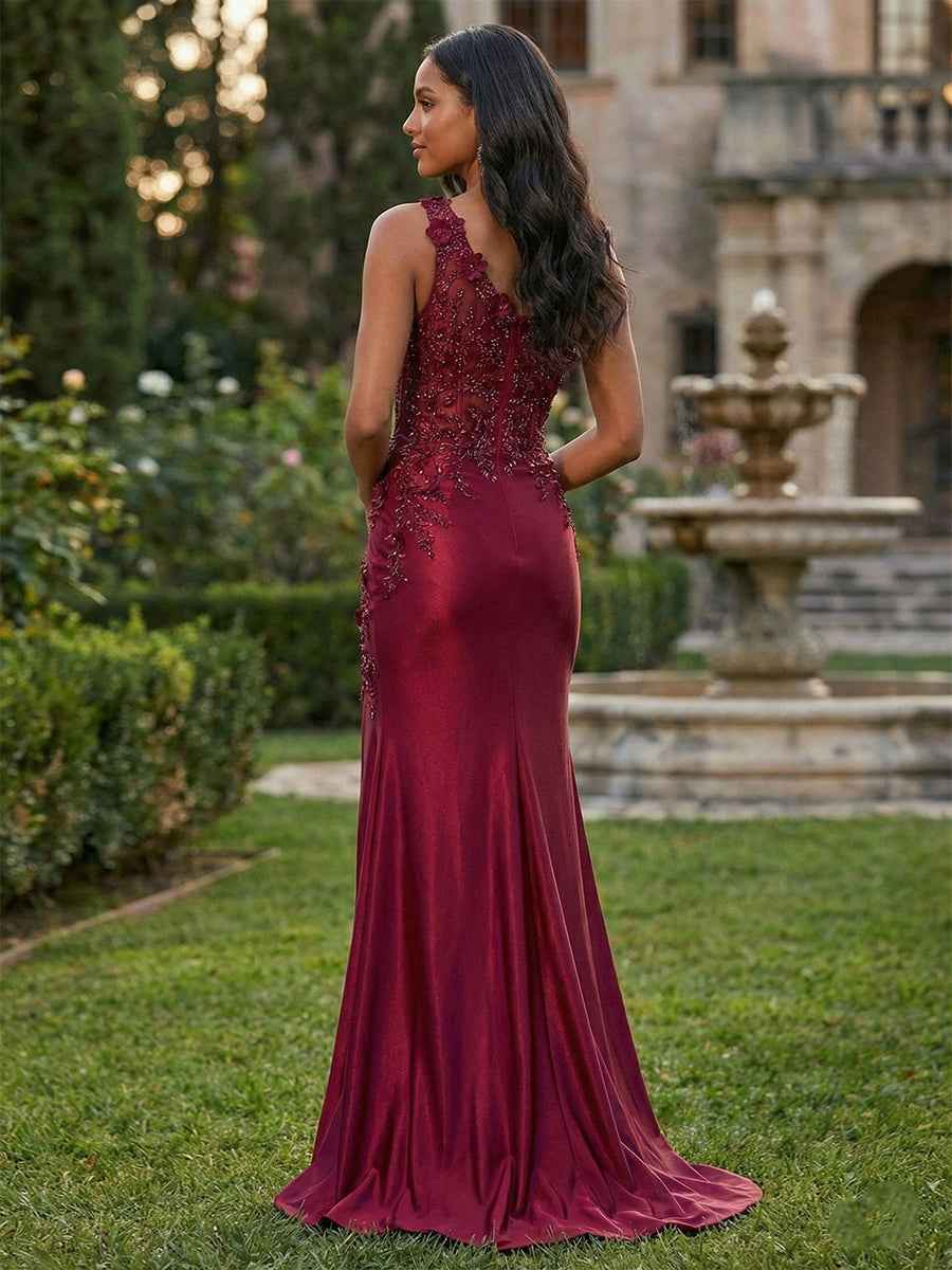Burgundy One-Shoulder Satin Prom Dress with Beaded Illusion Bodice and Thigh-High Slit