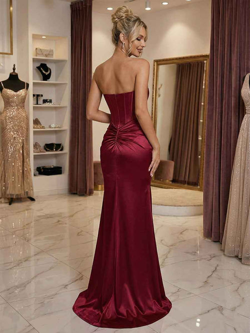 Burgundy Satin Corset Rhinestone Trim Floor-Length Prom Dress with Thigh Slit BMBRIDE