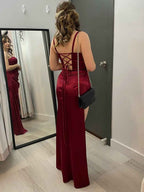 Burgundy Satin Spaghetti Strap Ruched Prom Dress with High Slit BMBRIDE